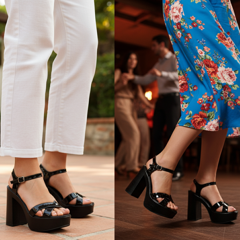 Estas sandalias negras de plataforma son un comodín ideal: podés usarlas tanto de día con jeans o pantalones blancos para un look fresco y urbano, como de noche con vestidos estampados para un estilo más elegante y de fiesta. Gracias a su taco ancho aportan altura y firmeza, combinando comodidad y versatilidad en una sola pieza.